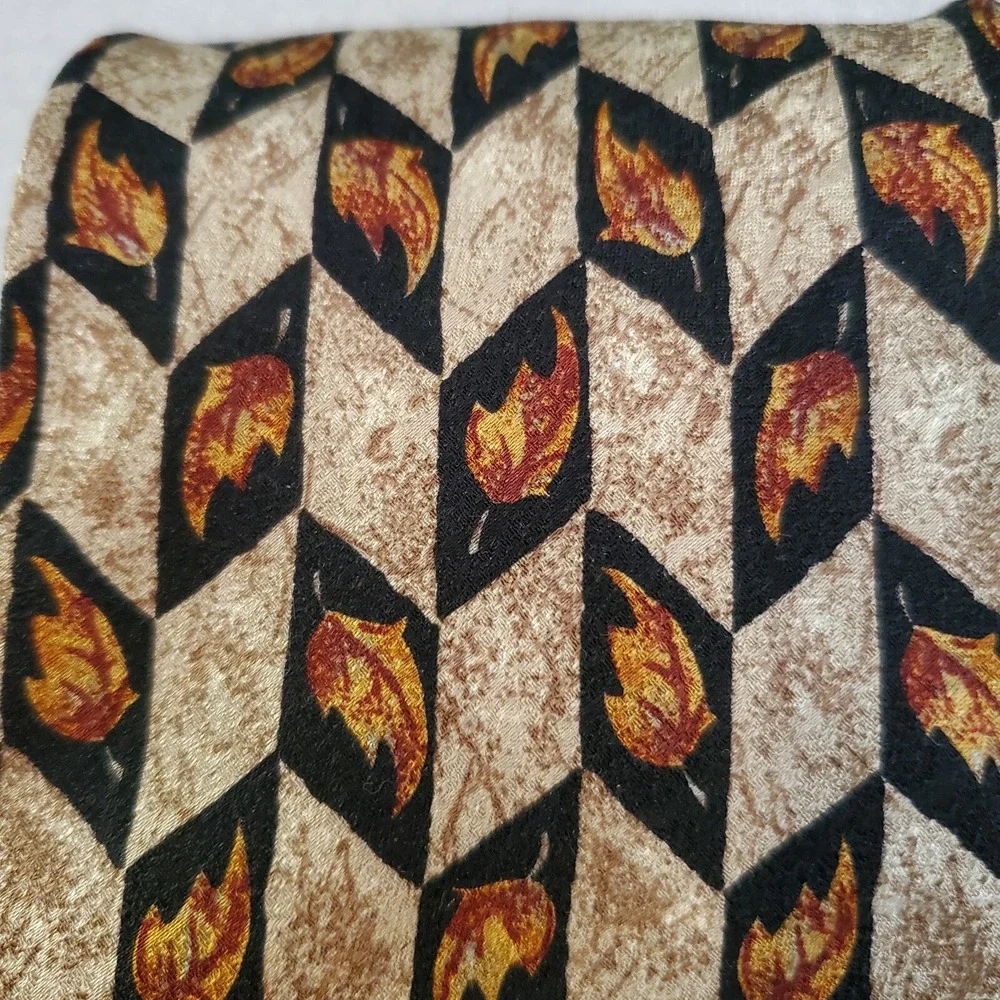 Canali Silk Necktie Mens Geometric Harlequin‎ Leaf Pattern Brown Tan Gold Italy